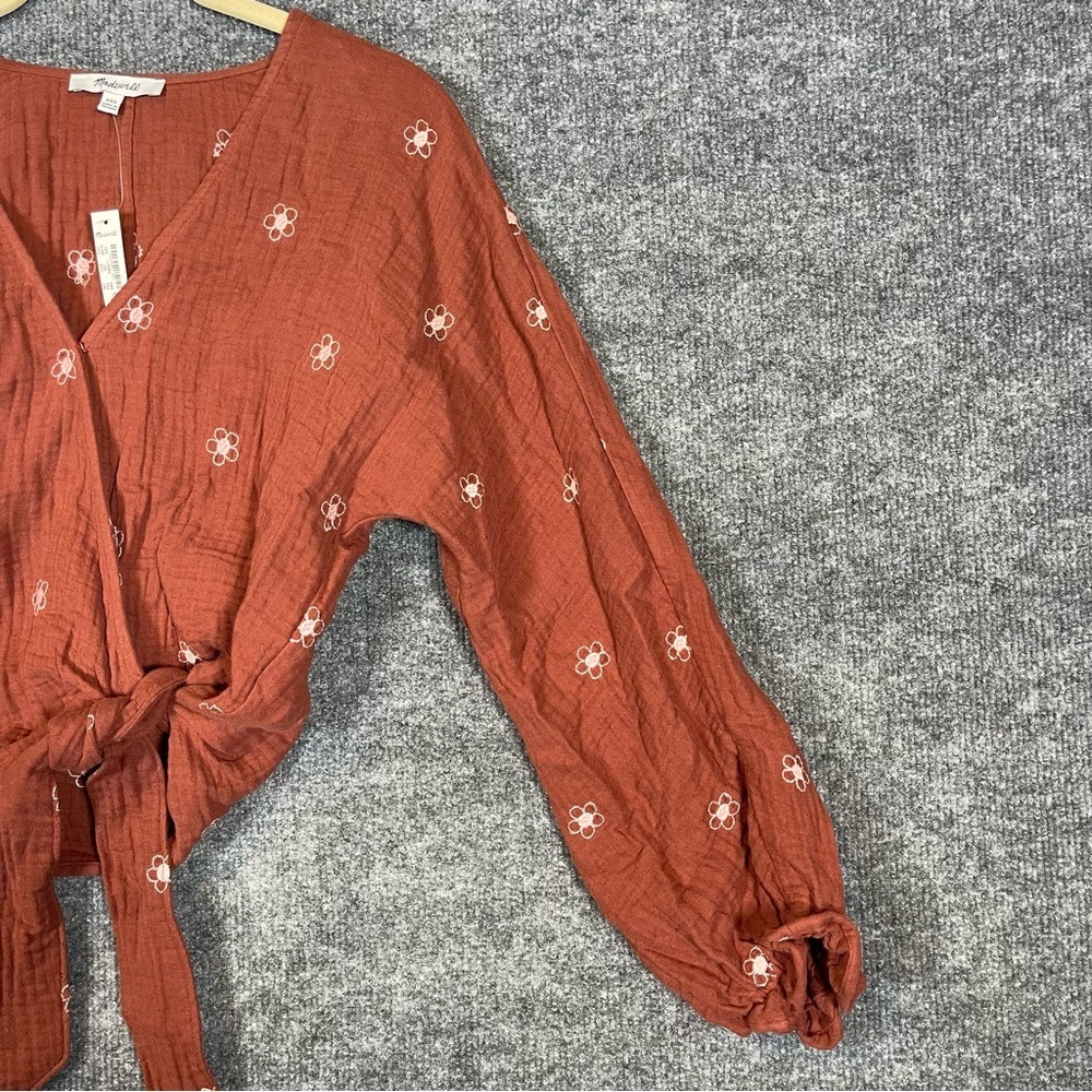 Madewell Womens XXS NWT Burgundy Brown Floral Boho Peasant Wrap Crop Long Sleeve - Picture 4 of 9